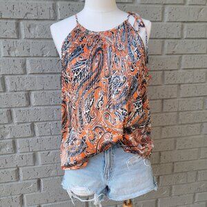Ann Taylor Women’s L Orange & Blue Paisley Pleated Spaghetti Strap Blouse